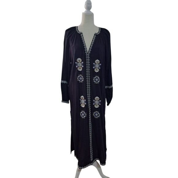 Old Navy Women's Long Sleeve Black Embroidered Boho Peasant Dress Travel Sz L - Picture 5 of 9